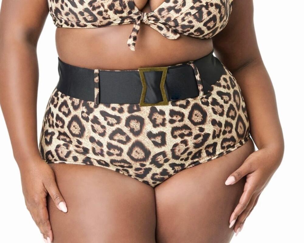 Unique Vintage Retro Leopard Belted High Waist Swim Bikini Bottom 1X NWOT